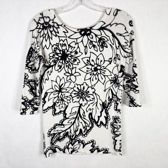 Cache Small Top Knit Black White‎ Floral Outline Half Sleeve Sweater Stretch 996 - Picture 2 of 10